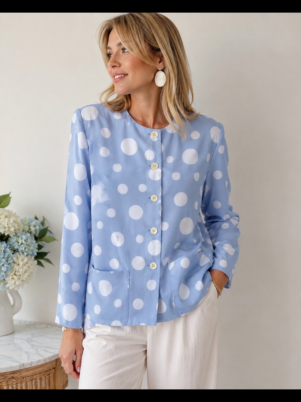 Vintage 80s 90s Pastel Blue Polka Dot Blouse Jacket Size 8 Made in Hong Kong
